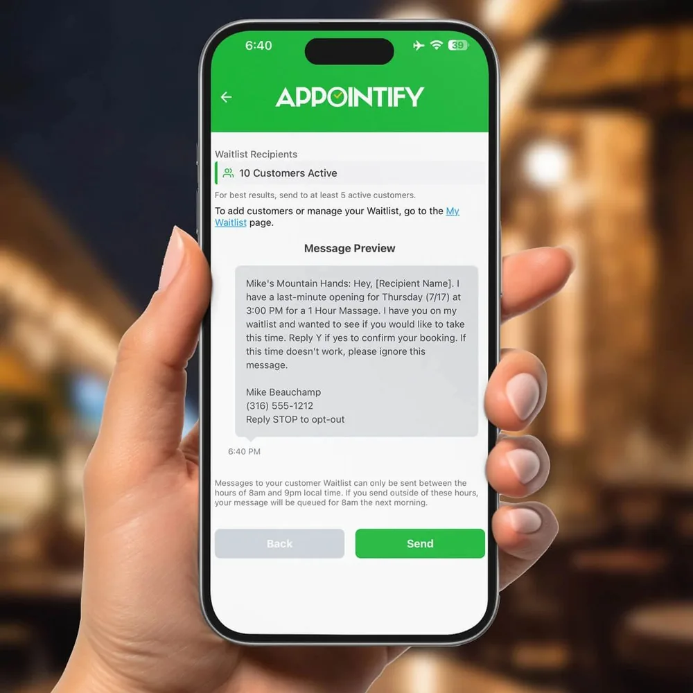 A hand holding a phone showing the Appointify app's waitlist message preview