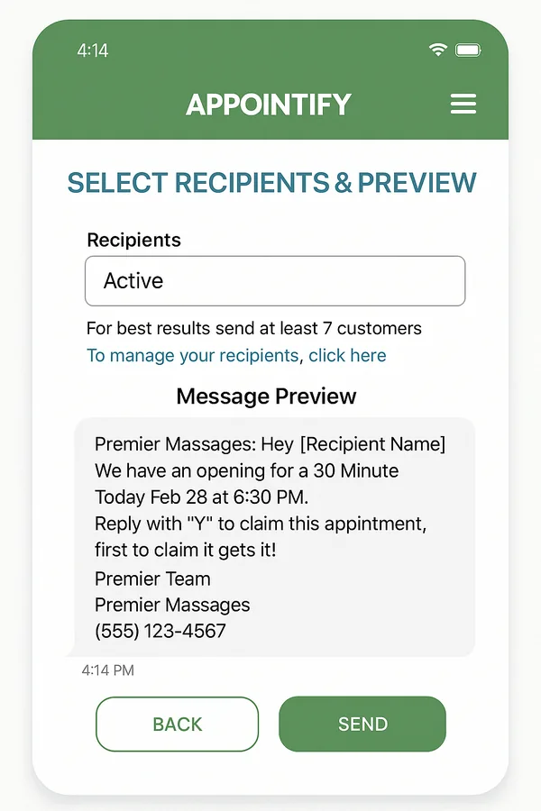 Appointify app screen texting the waitlist the instant a client cancels, so the open slot fills fast