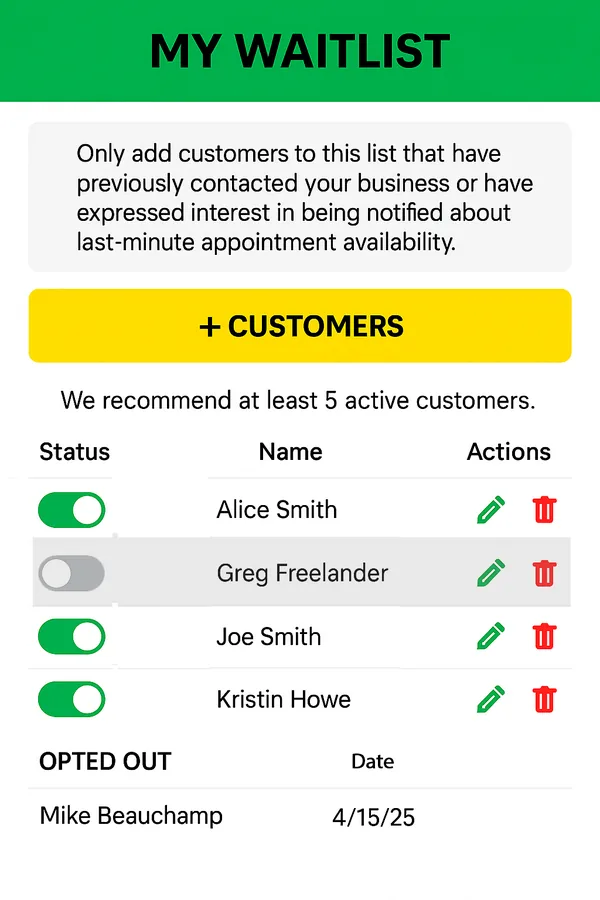 Appointify waitlist app showing a last-minute cancellation opening being texted to clients